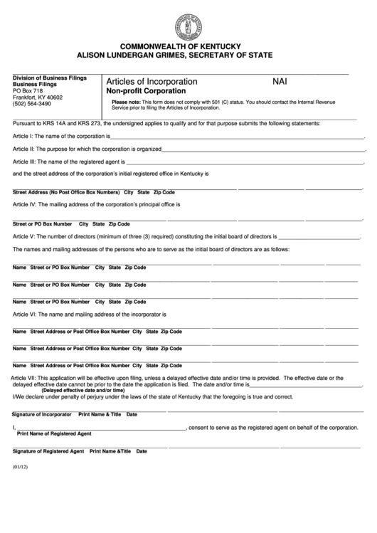 Form Nai - Articles Of Incorporation - Non-Profit Corporation - 2012 With Instructions Printable pdf