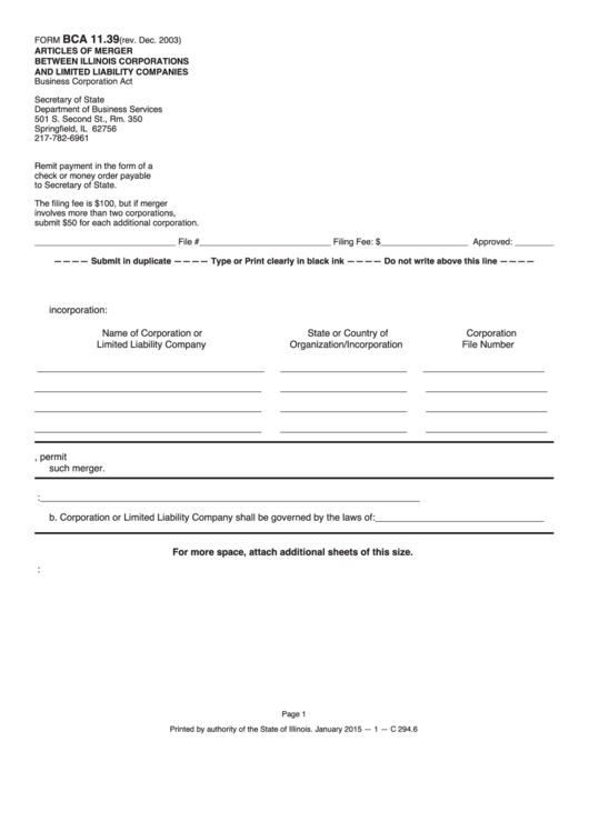 Fillable Form Bca 11.39 - Articles Of Merger Between Illinois Corporations And Limited Liability Companies - Illinois Secretary Of State Printable pdf