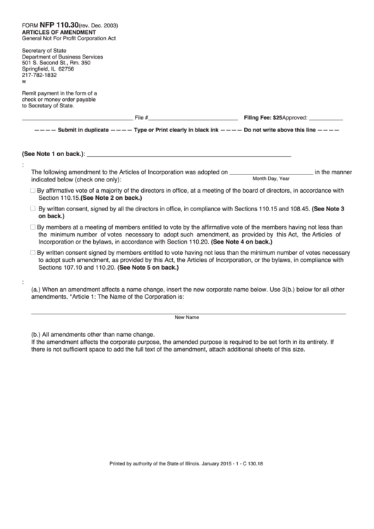 Fillable Form Nfp 110.30 - Articles Of Amendment Form - Illinois Secretary Of State Printable pdf