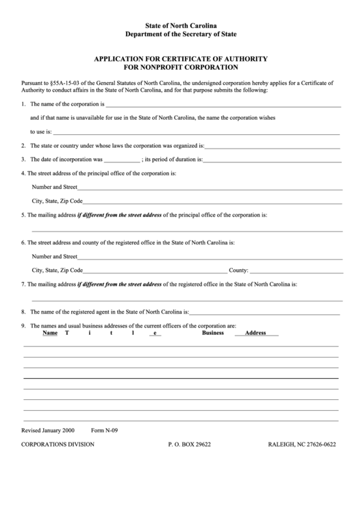 Fillable Form N-09 - Application For Certificate Of Authority For Nonprofit Corporation - 2000 Printable pdf