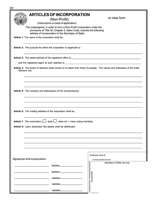 Fillable Articles Of Incorporation (Non-Profit) Form Printable pdf