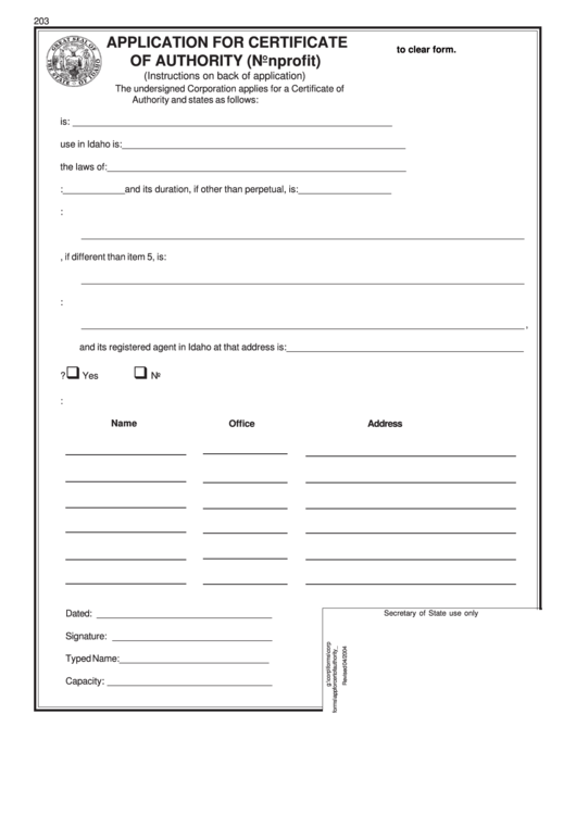 Fillable Application For Certificate Of Authority (Nonprofit) - Idaho Secretary Of State Printable pdf
