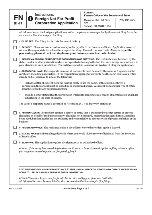 Form Fn 51-17 - Foreign Not-For-Profit Corporation Application - 2010 Printable pdf