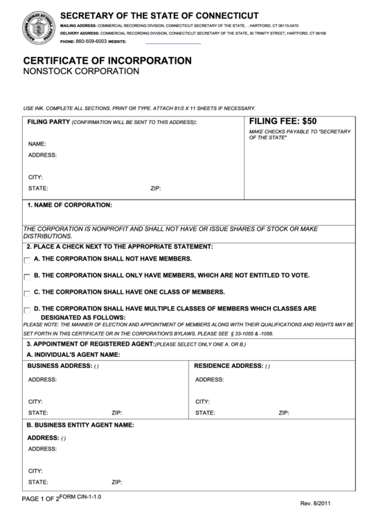 Fillable Certificate Of Incorporation Nonstock Corporation Printable pdf