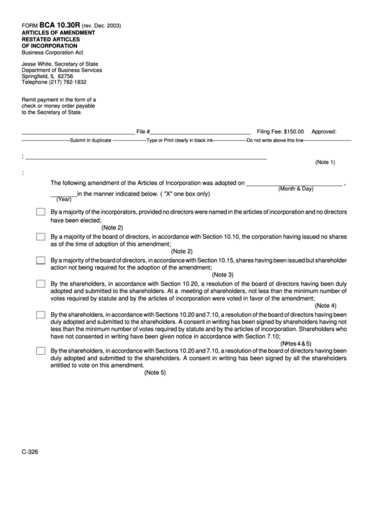 Fillable Form Bca 10.30r - Articles Of Amendment Restated Articles Of Incorporation Printable pdf