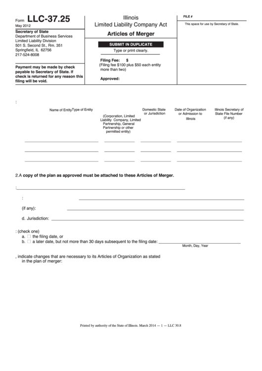 Fillable Form Llc-37.25 - Articles Of Merger Form - Illinois Limited Liability Company Act - Illinois Secretary Of State Printable pdf