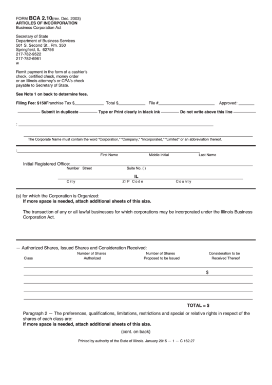 Fillable Form Bca 2.10 - Articles Of Incorporation Form - Illinois Secretary Of State Printable pdf
