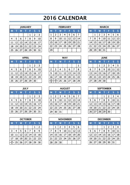 2016 Yearly Calendar Template - Black And Blue, Portrait, Weeks Start With Monday Printable pdf