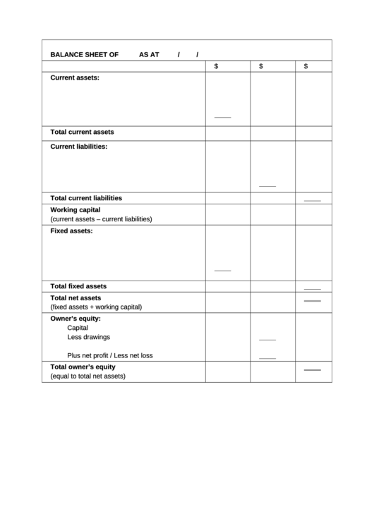Balance Sheet Template (In Narrative Format) Printable pdf