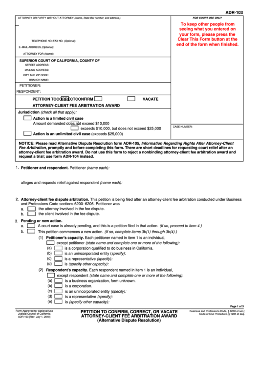 Fillable Form Adr-103 - Petition To Confirm, Correct, Or Vacate Attorney-Client Fee Arbitration Award Printable pdf
