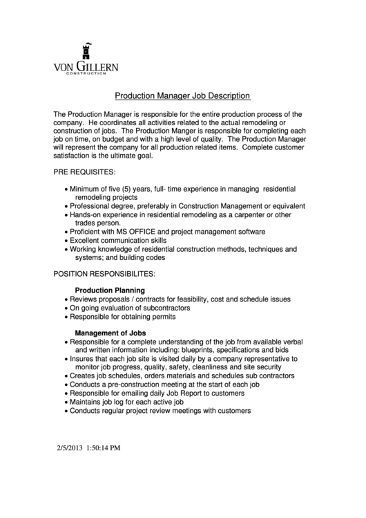 Production Manager Job Description Printable pdf