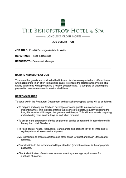 Restaurant Manager Job Description Printable pdf