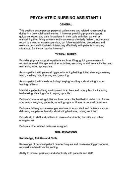 Psychiatric Nursing Assistant - Job Description printable pdf download