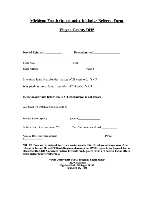 Michigan Youth Opportunity Initiative Referral Form Wayne County Dhs Printable pdf