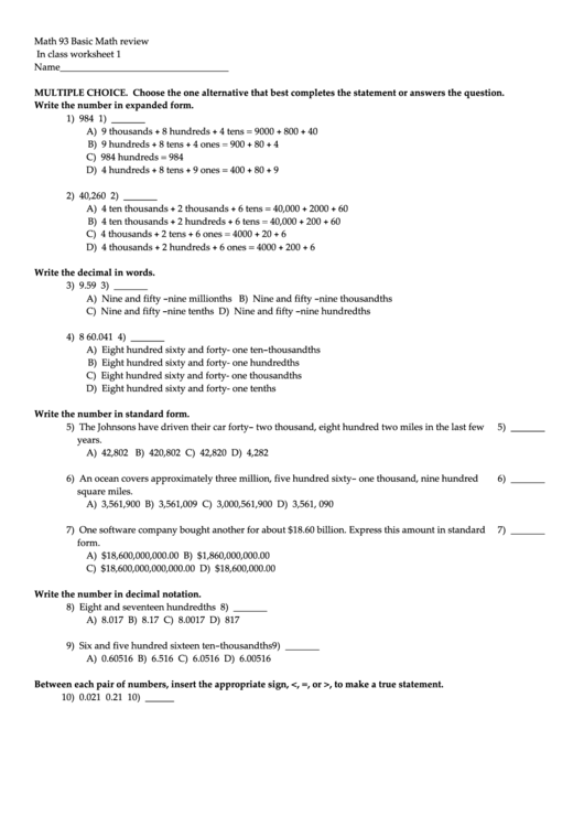 Basic Math Review - In Class Worksheet Printable pdf