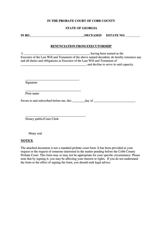 Cobb County Renunciation From Executorship Printable pdf