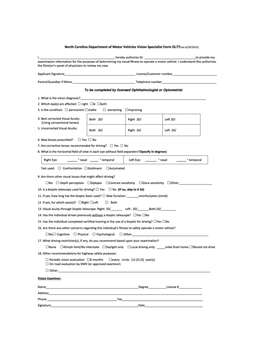 North Carolina Department Of Motor Vehicles Vision Specialist Form Dl77 Printable pdf