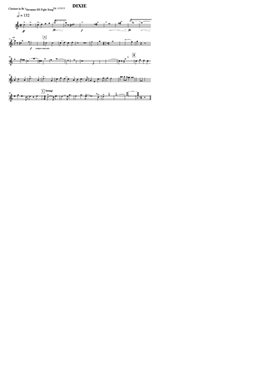 Dixie (Clarinet In Bb 1) Savanna Hs Fight Song Printable pdf