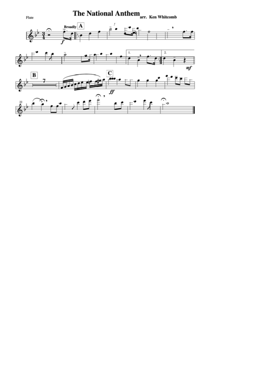 Flute The National Anthem Printable pdf