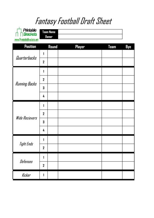 Fantasy Football Draft Sheet Printable pdf
