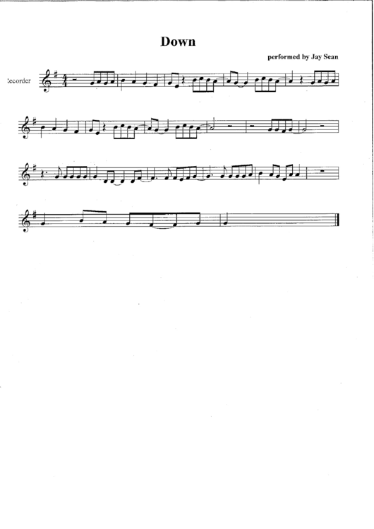 Jay Sean - Down Recorder Sheet Music Printable pdf