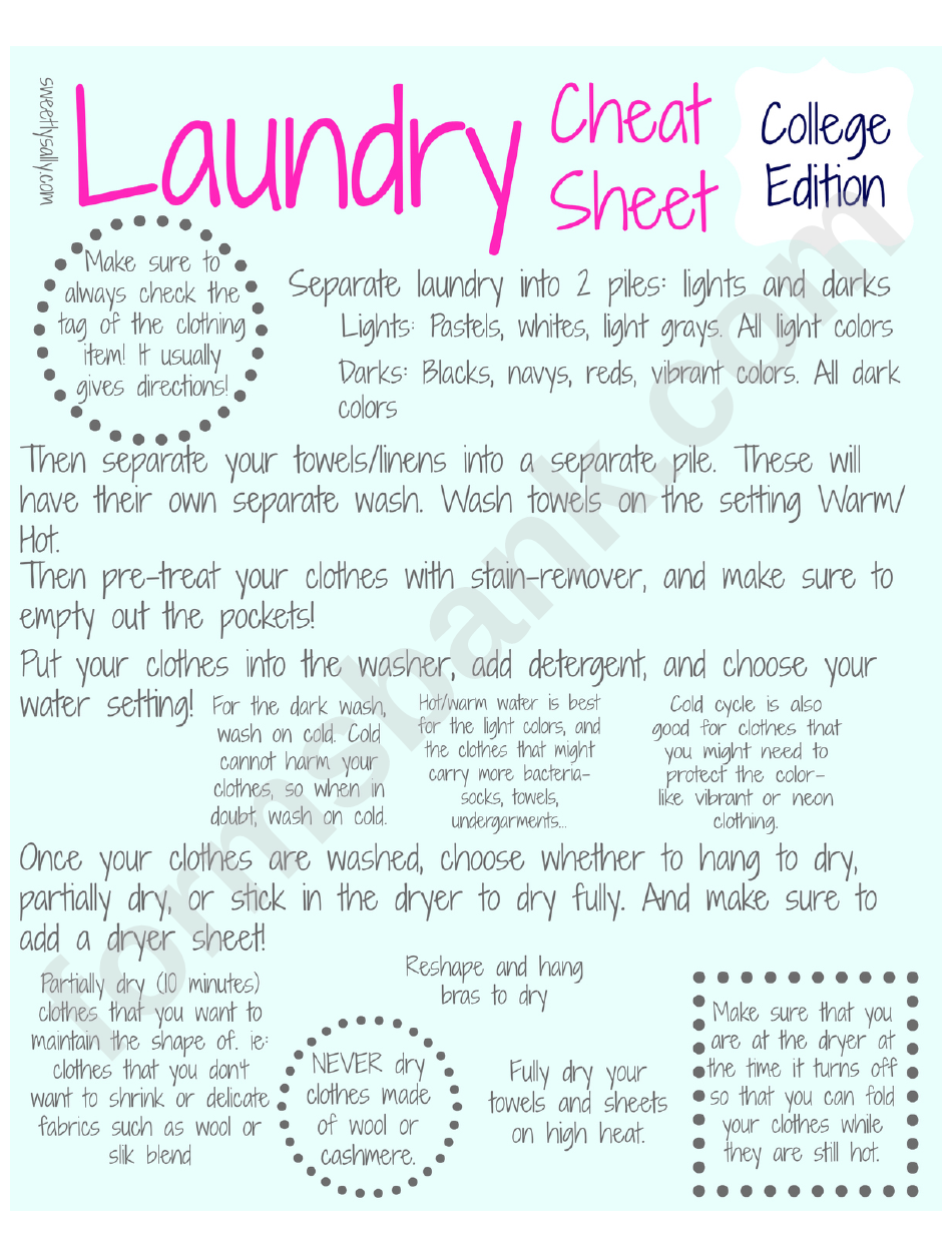 Laundry Cheat Sheet College Edition