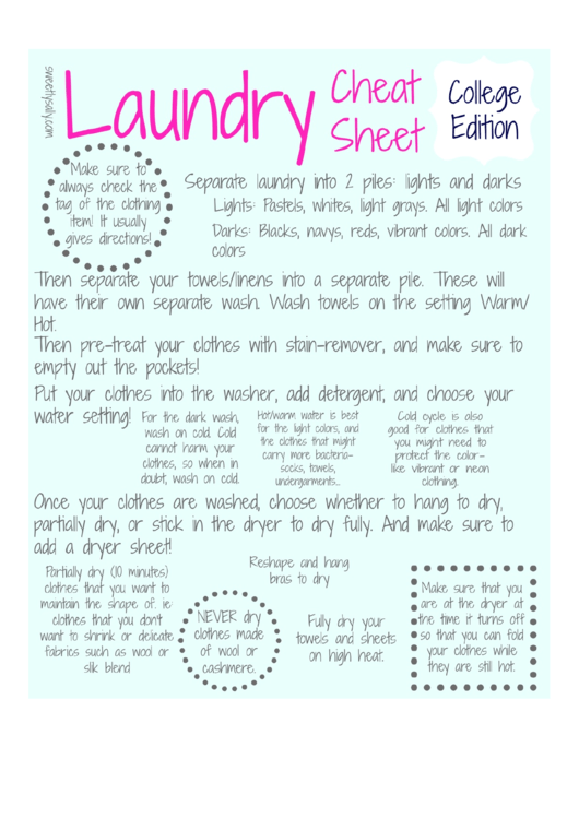 Laundry Cheat Sheet College Edition Printable pdf