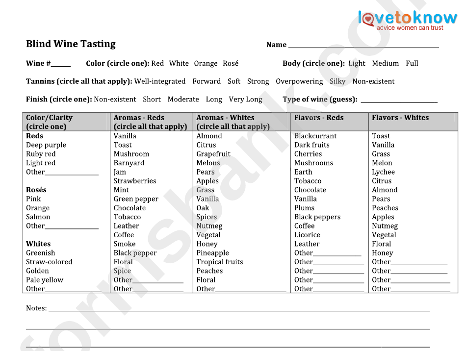 Blind Wine Tasting Sheet printable pdf download