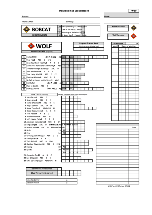 Fillable Individual Cub Scout Record Printable pdf