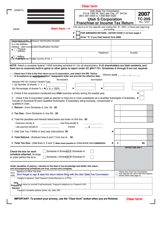 Fillable Form Tc-20s - Utah S Corporation Franchise Or Income Tax Return - 2007 Printable pdf