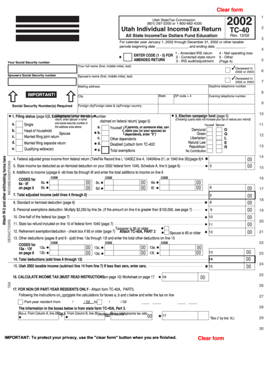 Fillable Form Tc-40 - Utah Individual Income Tax Return - 2002 Printable pdf