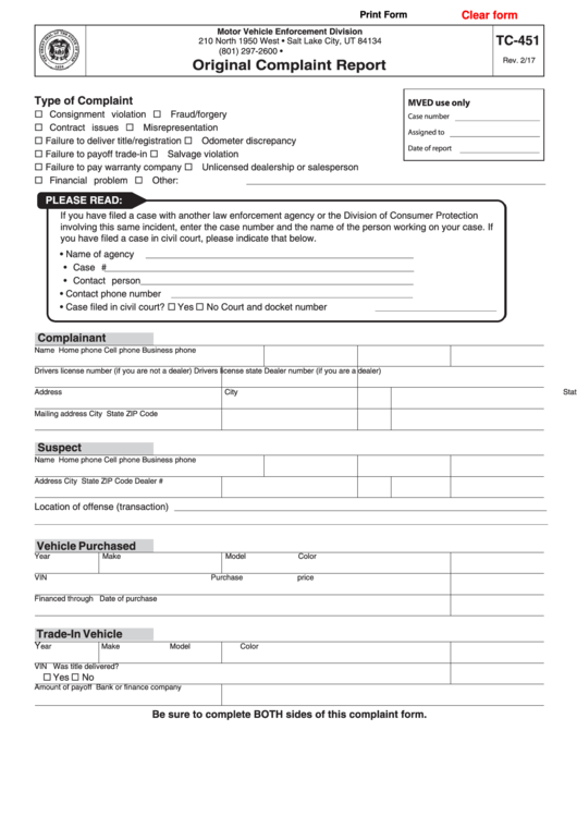 Fillable Form Tc-451 - Original Complaint Report Printable pdf