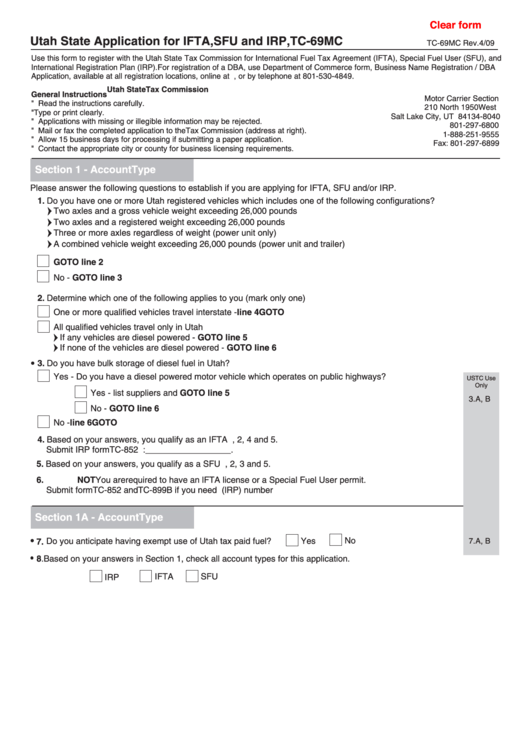 Fillable Utah State Application For Ifta Sfu And Irp Tc69mc Printable pdf