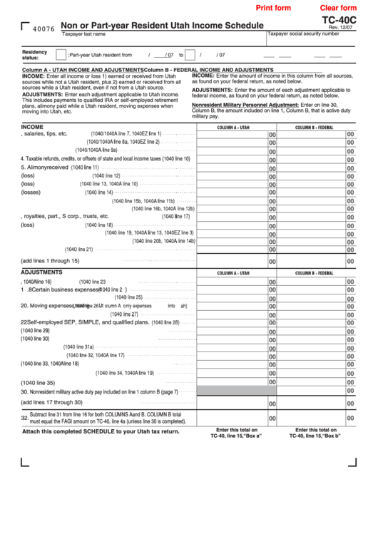 Fillable Form Tc40c - Non Or Part-Year Resident Utah Income Schedule Printable pdf