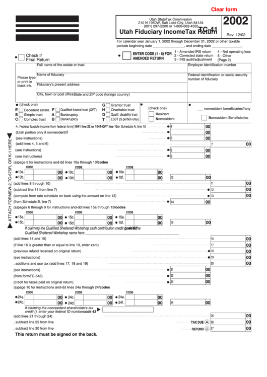 Fillable Form Tc-41 - Utah Fiduciary Income Tax Return - 2002 Printable pdf