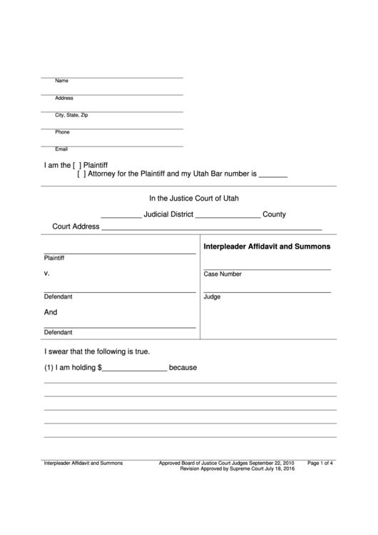 Interpleader Affidavit And Summons Form Printable pdf
