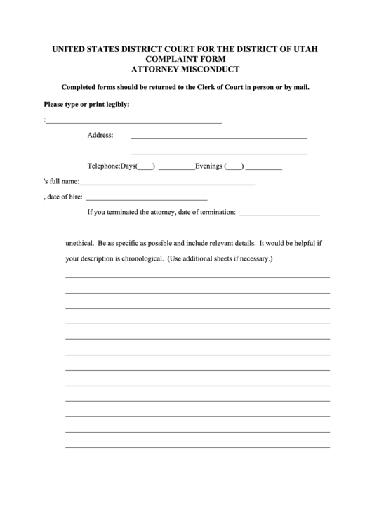United States District Court For The District Of Utah Complaint Form Attorney Misconduct Printable pdf