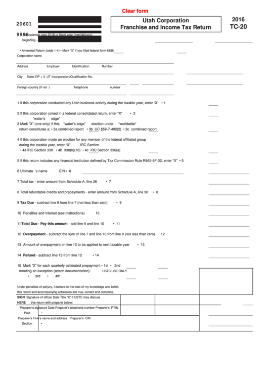 Fillable Form Tc-20 - Utah Corporation Franchise And Income Tax Return - 2016 Printable pdf