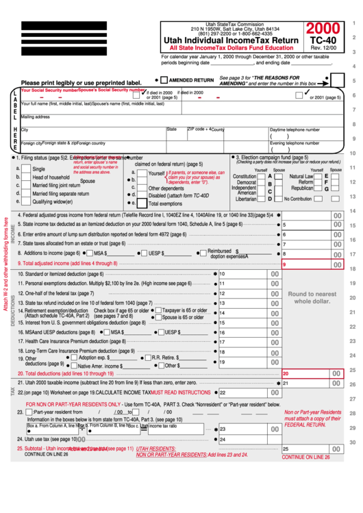 Form Tc-40 - Utah Individual Income Tax Return - 2000 Printable pdf