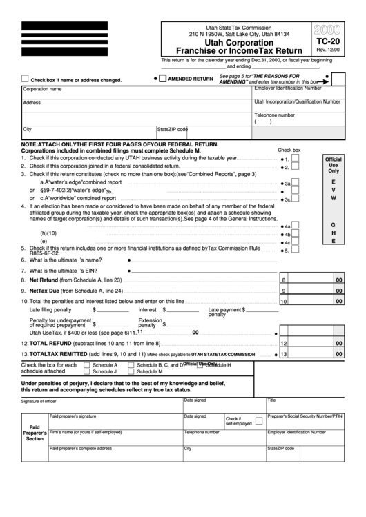 Form Tc-20 - Utah Corporation Franchise Or Income Tax Return - 2000 Printable pdf