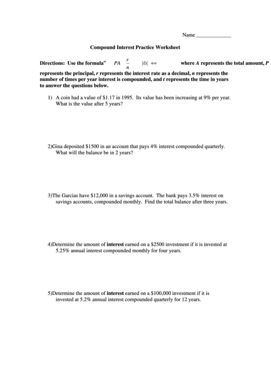 Compound Interest Practice Worksheet Printable pdf