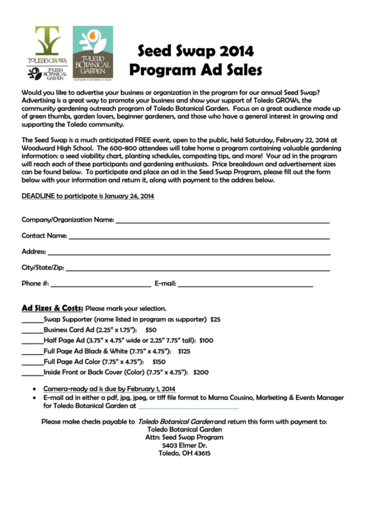 Seed Swap 2014 Program Ad Sales - Toledo Botanical Garden Printable pdf