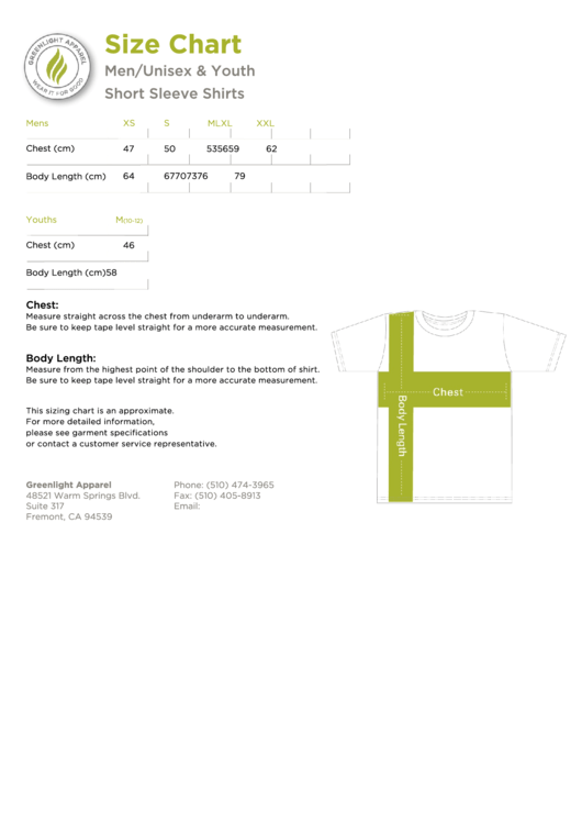 Greenlight Apparel Men/unisex & Youth Short Sleeve Shirts Size Chart Printable pdf