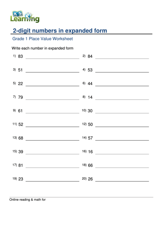 2-Digit Numbers In Expanded Form Worksheet Printable pdf