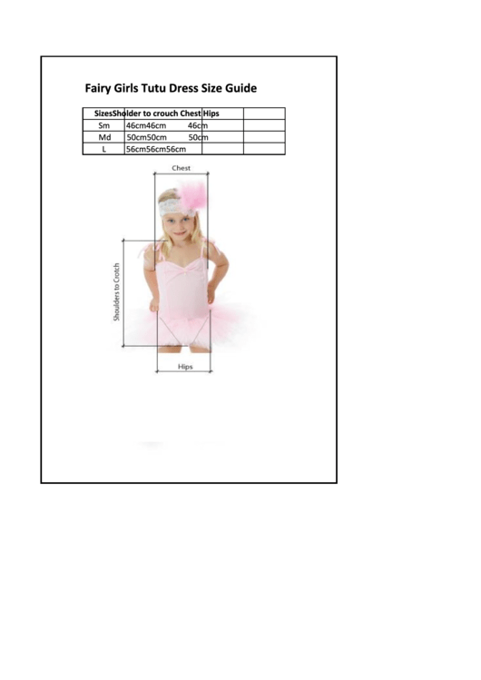 Fairy Girls Tutu Dress Size Guide Printable pdf