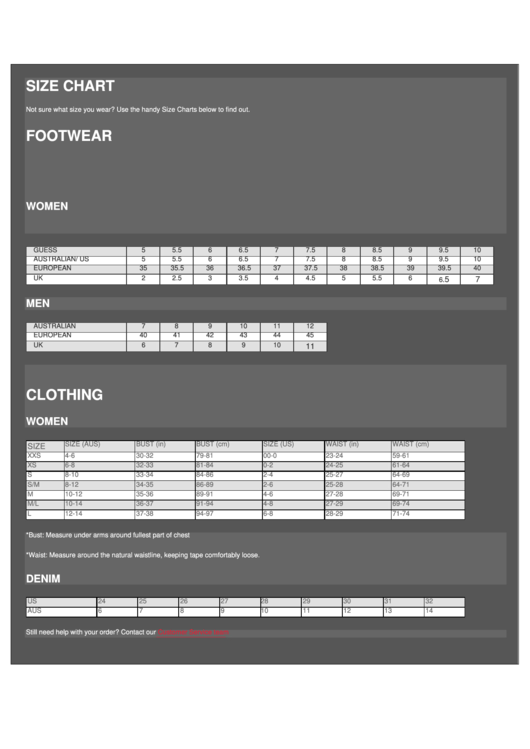 Guess Size Chart Printable pdf