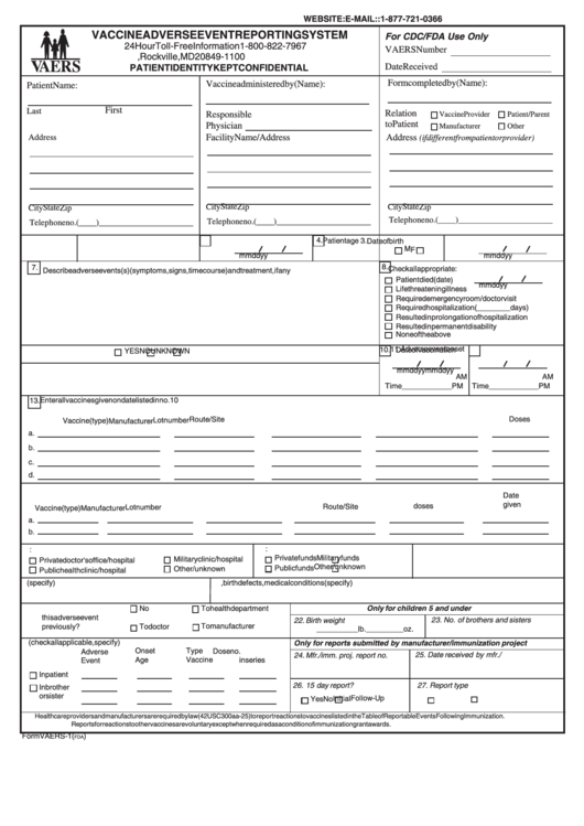 Form Vaers-1 - Patient Identity Kept Confidential Printable pdf