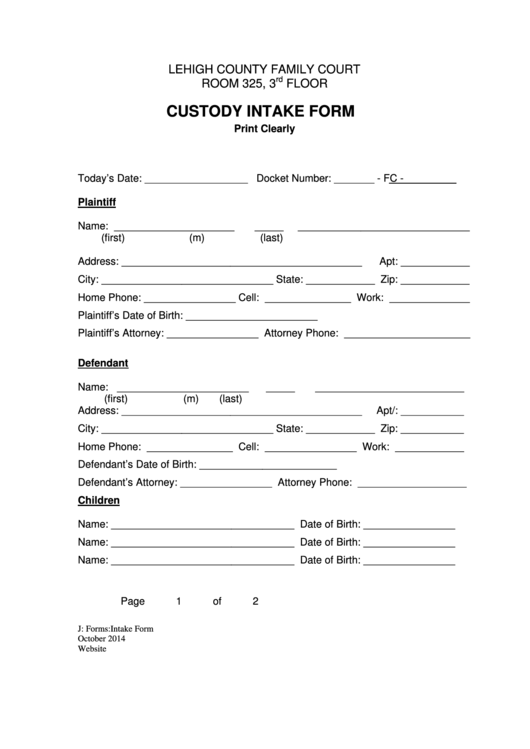 Fillable Custody Intake Form - Lehigh County Printable pdf