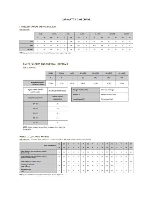 Carhartt Size Chart Printable pdf