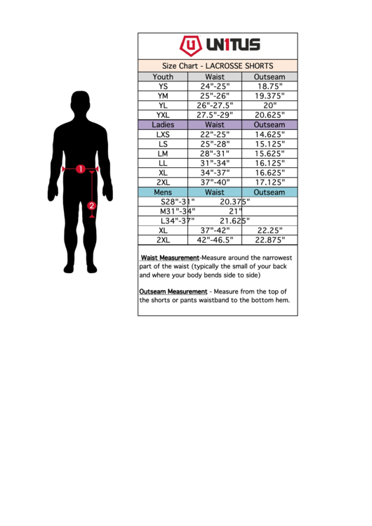 Unitus Lacrosse Shorts Size Chart